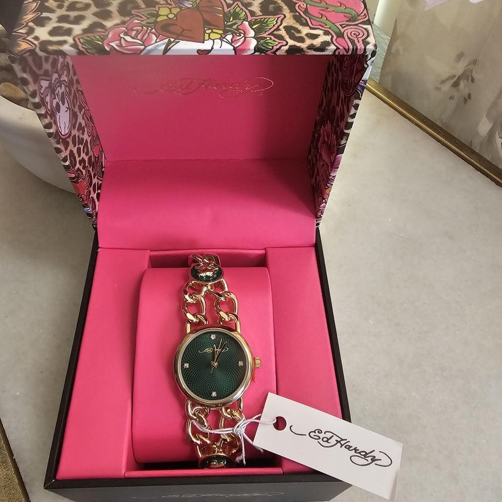 Ed Hardy Gold Chain Watch with Dark Green Dial